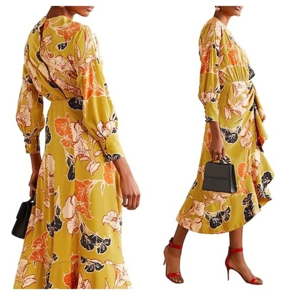Johanna Ortiz /Yellow mustard Ochre wrap affect floral print midi ruffle Dress 4 - Picture 1 of 8